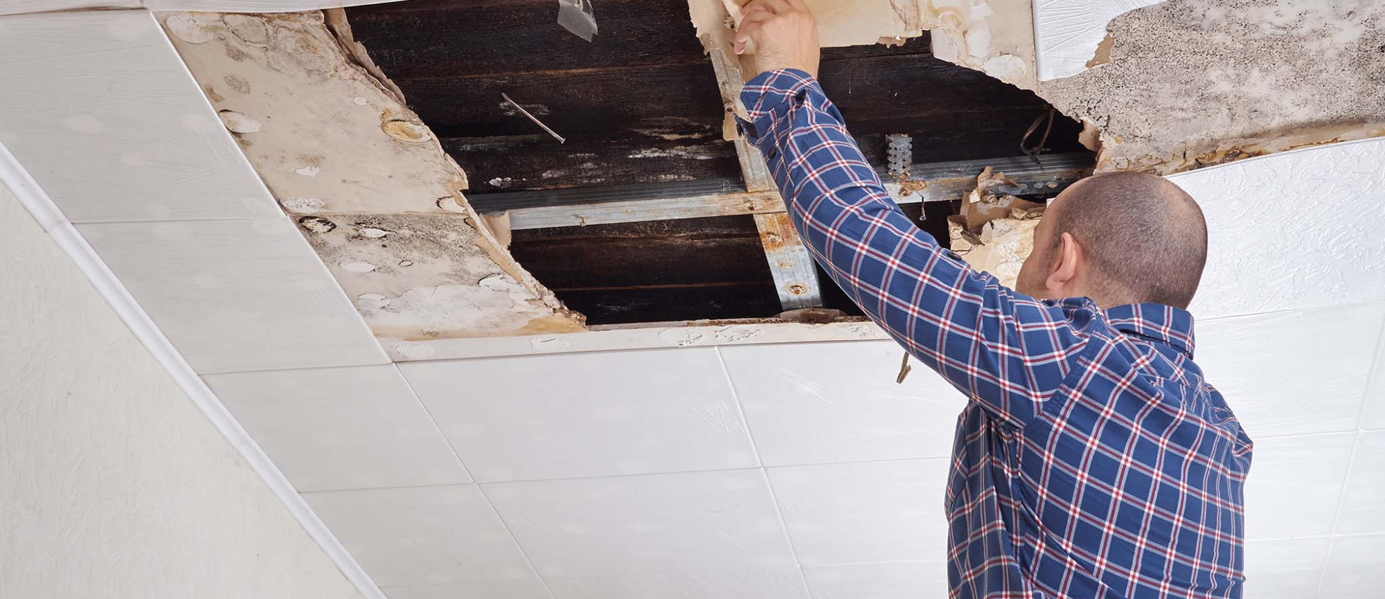 Man Repairing Ceiling Tiles Damaged by Water