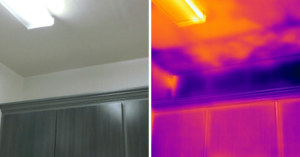 (Left) Partial Image of Brown Cabinets (Right) Thermal View of Left Image